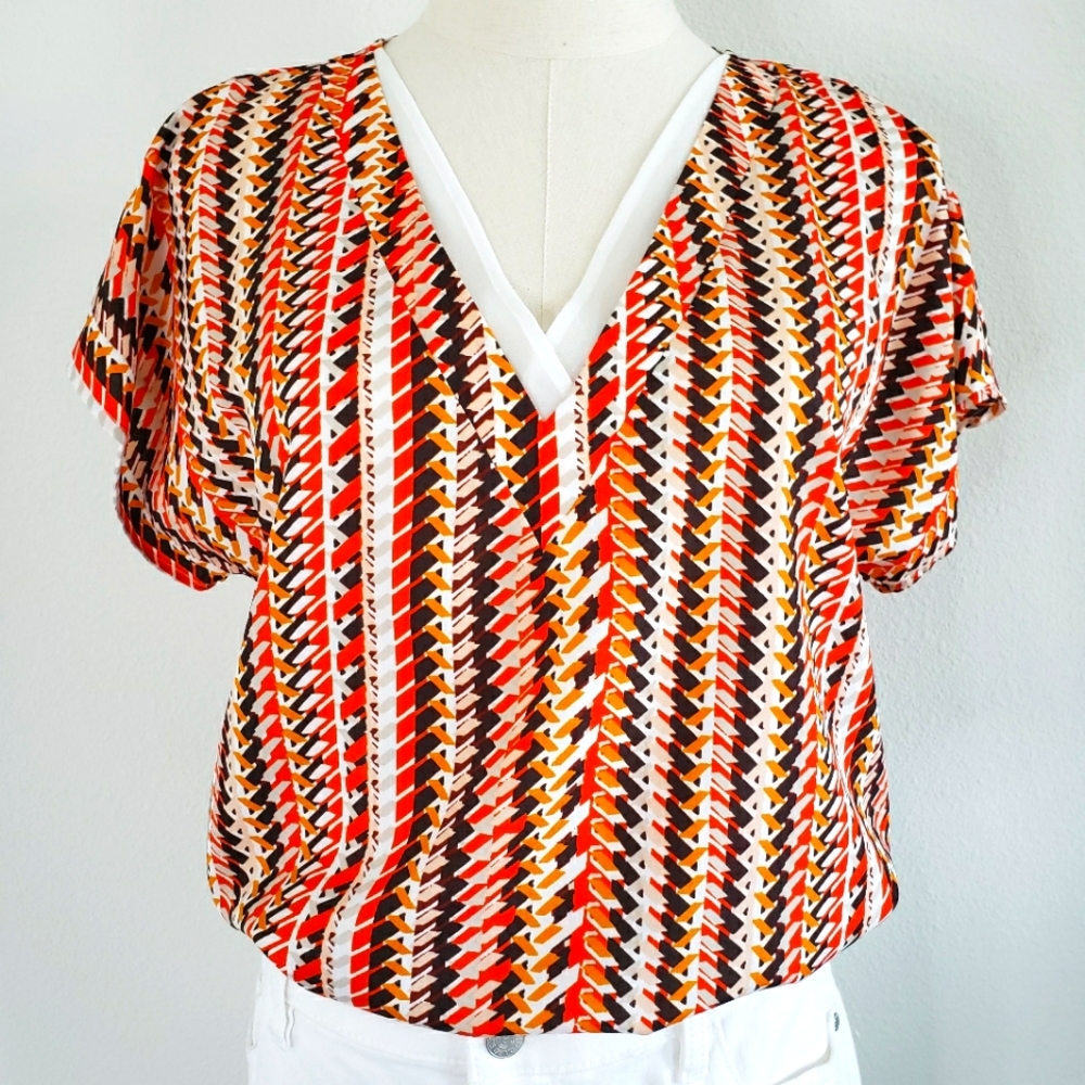 DKNY Short Sleeve Earth Tone Patterned Top with Chiffon Trim--NWT--S